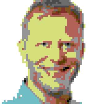 Pixel-art portrait of Krisztian Flautner in Commodore 64 colours